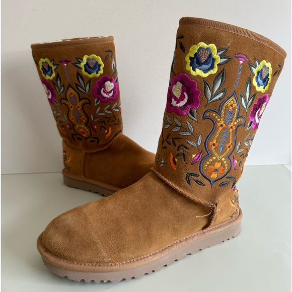 UGG Shoes - UGG Australia Juliette Flora Embroidered Chestnut Suede Shearling Boots Size 7